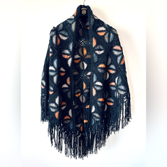 Rare Multicolor Genuine Leather Patchwork Crochet Fringe Cape O/S - Picture 1 of 8